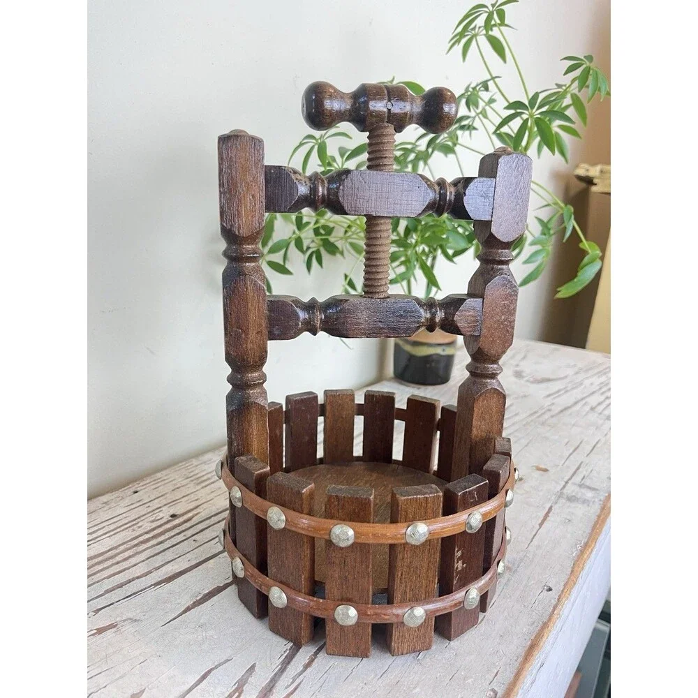 Vintage Wooden Wishing Well Nut Cracker Basket Bowl Hand Crank Cottage Charm